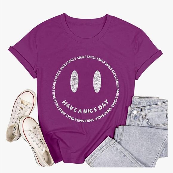 KIKIBERRY Womens Short Sleeve T-Shirt Smile‎ Face Shirt Purple XL Nwt - Picture 2 of 6